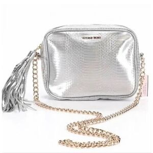 Victoria's Secret Silver Snake Crossbody Bag Purse Gold Chain Strap Tassel NEW